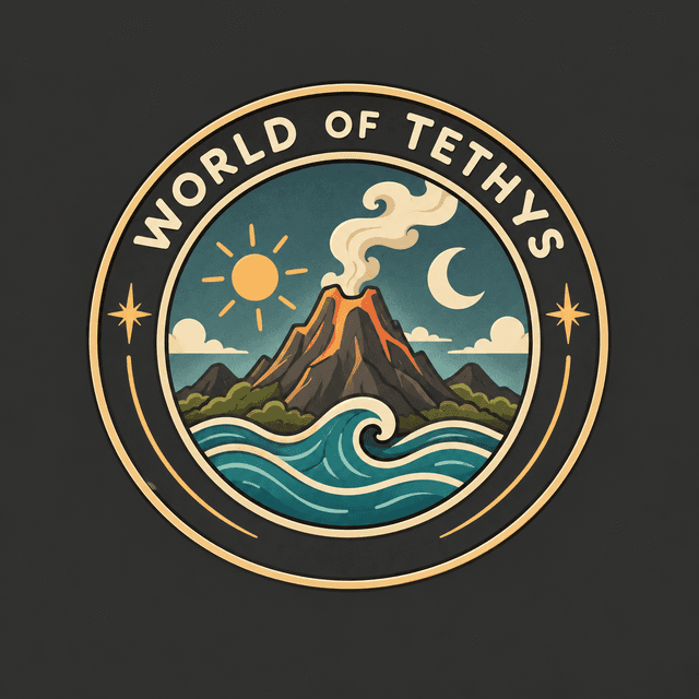 World of Tethys emblem: mountains, waves, sun, and moon
