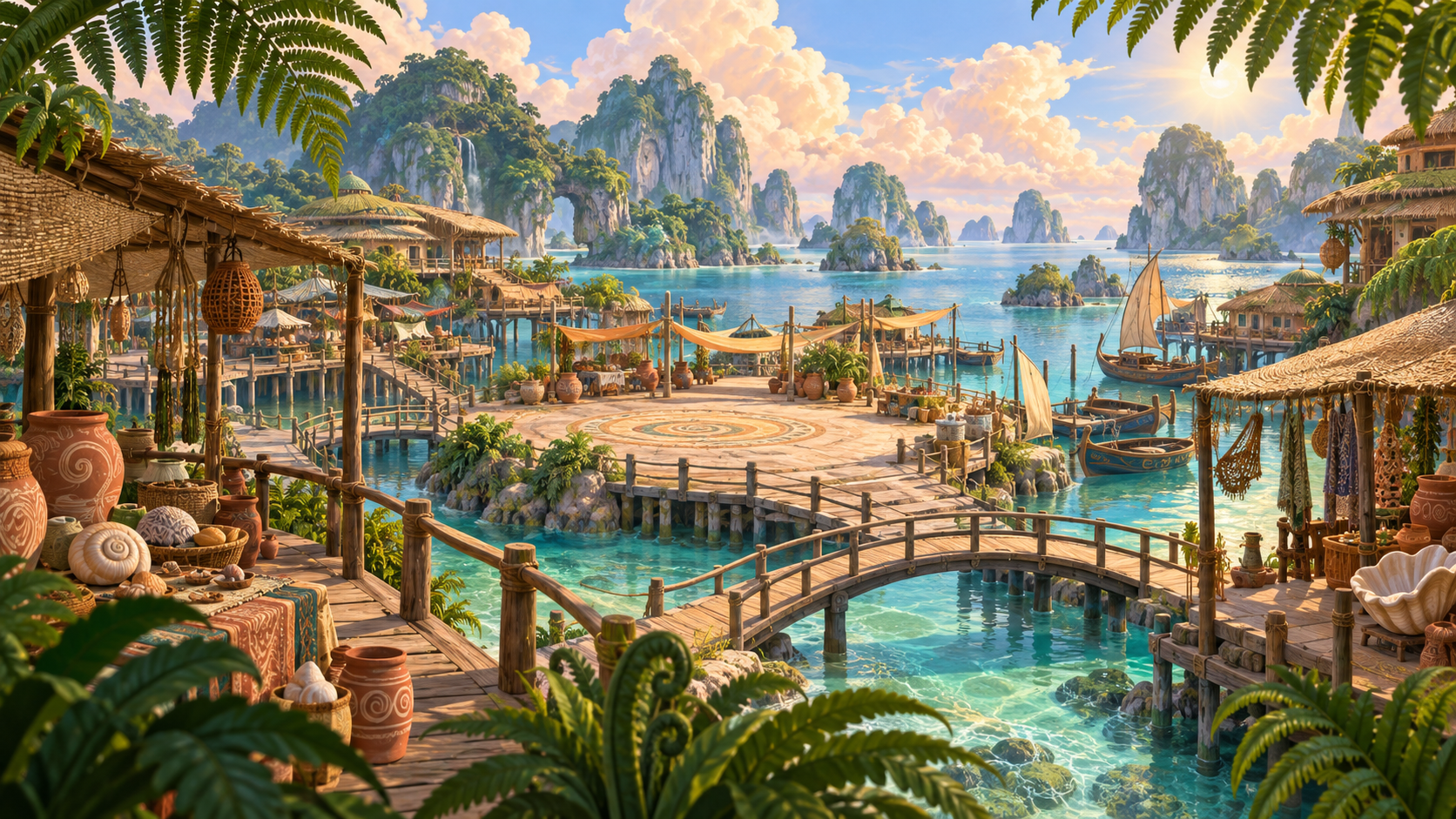 A sunlit Tethys harbor full of little bridges and places to explore.